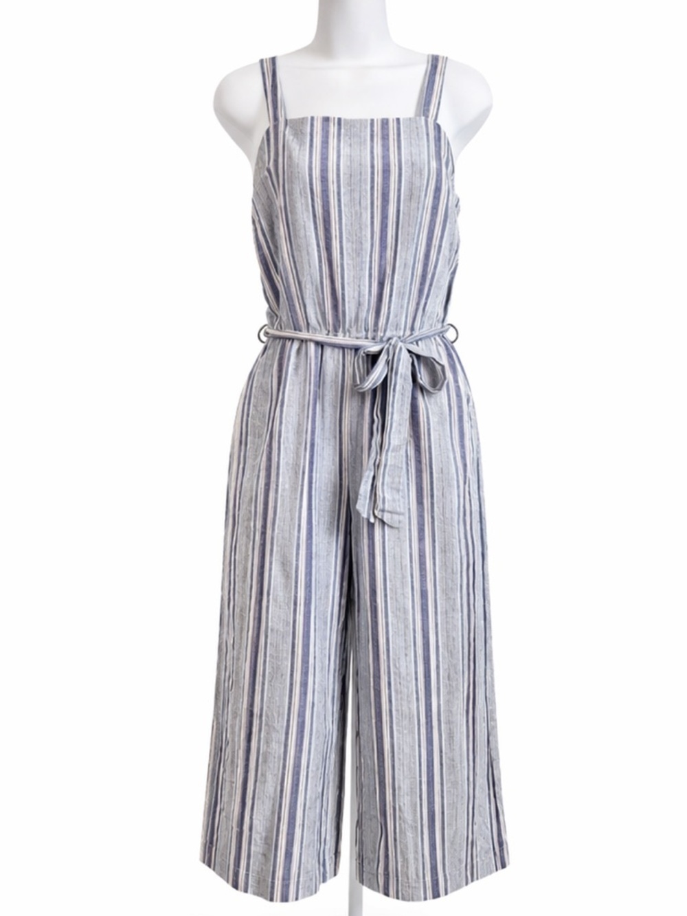 Purple Snow Blue Striped Jumpsuit Women’s XL Sleeveless Belt Wide Cropped Leg